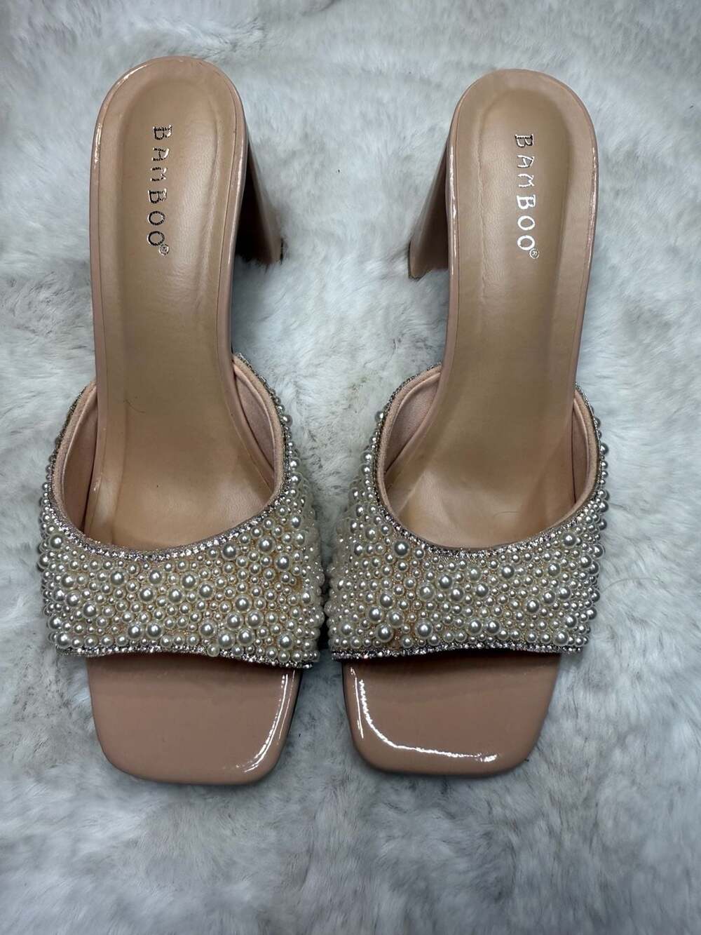 Bamboo Nude Pearl and Rhinestone Embellished Block Heel Mules